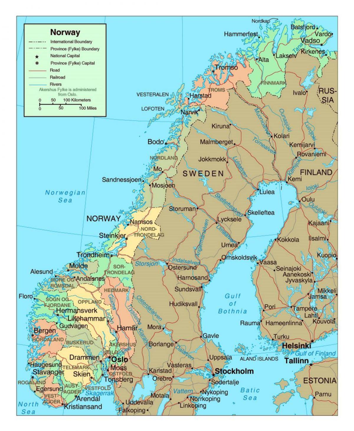 mapa puteva Norveške sa gradovima