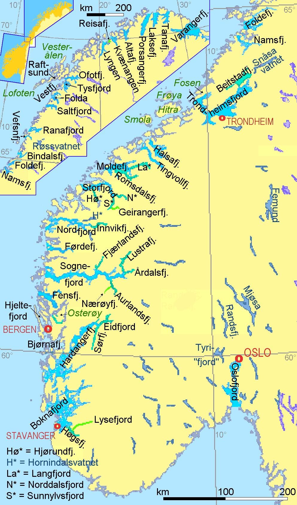 mapi Norveške pokazuje fjordove